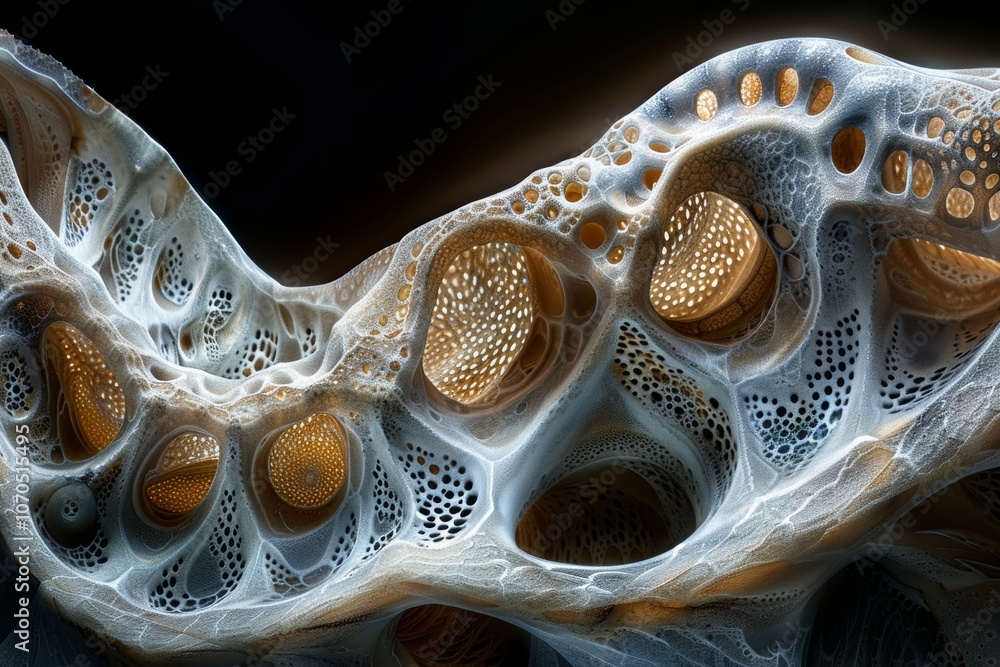 Intricate organic structures exhibit a mesmerizing interplay of light and texture, highlighting nature's complexity in a close-up view of a cellular formation Intricate organic structures exhibit a mesmerizing interplay of light and texture, highlighting nature's complexity in a close-up view of a cellular formation