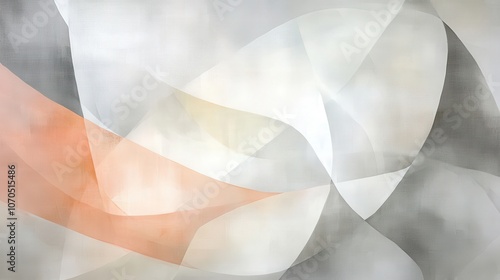 A light, abstract background with translucent, overlapping shapes in a mix of cool grays, ivory, and soft peach