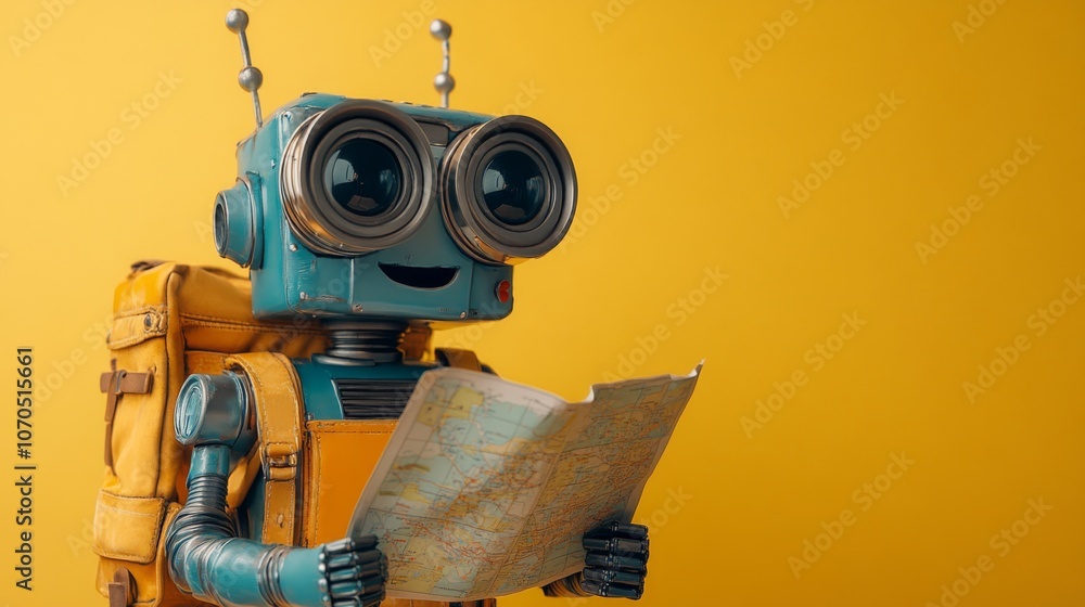 A cheerful robot with a backpack standing with a map in hand as if planning an adventure neutral background playful curious A cheerful robot with a backpack standing with a map in hand as if planning an adventure neutral background playful curious