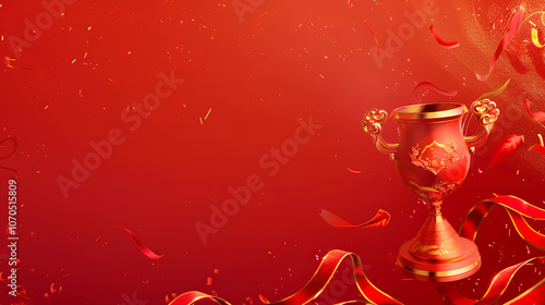 Red background, golden trophy on the right side of a red gradient, festive atmosphere, Spring Festival elements, ribbon decorations, light and shadow effects, Chinese style