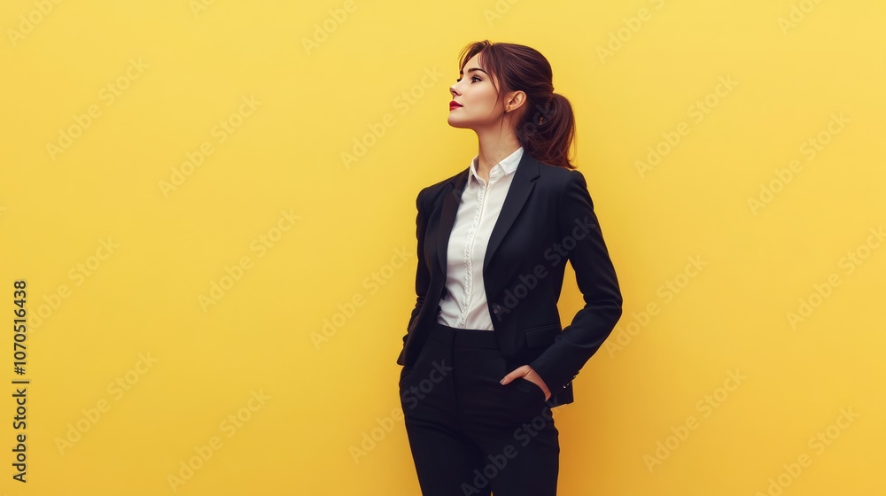 Confident Woman in Black Suit Against a Yellow Background Confident Woman in Black Suit Against a Yellow Background