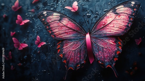 A vibrant butterfly surrounded by small pink butterflies.