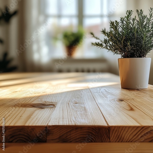 A close up of an empty wooden table with a blurred background featuring light beige and white tones