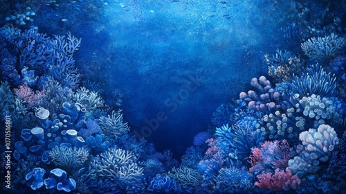 Underwater Serenity, vibrant marine life amidst intricate coral formations, deep blue hues create a mesmerizing oceanic texture, showcasing nature's aquatic beauty. photo