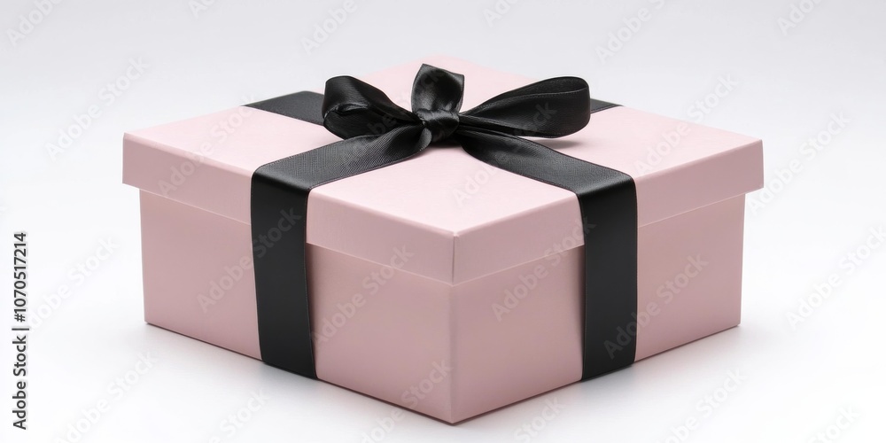 Fototapeta premium A light pink gift box, empty and tied with a black ribbon, sits against a plain white background.