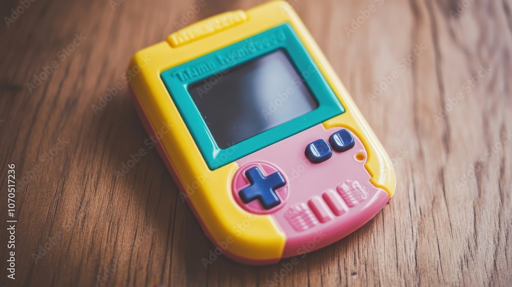 Colorful Handheld Game Console on Wooden Surface Colorful Handheld Game Console on Wooden Surface