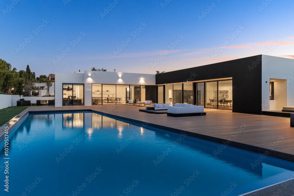 Fototapeta premium Modern villa with infinity pool at twilight showcasing sleek architecture in a tranquil setting