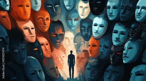 Businessman choosing his mask, multiple personality disorder and schizophrenia