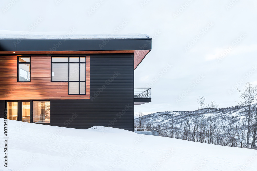 Modern wooden and metal house in snowy landscape during winter Modern wooden and metal house in snowy landscape during winter