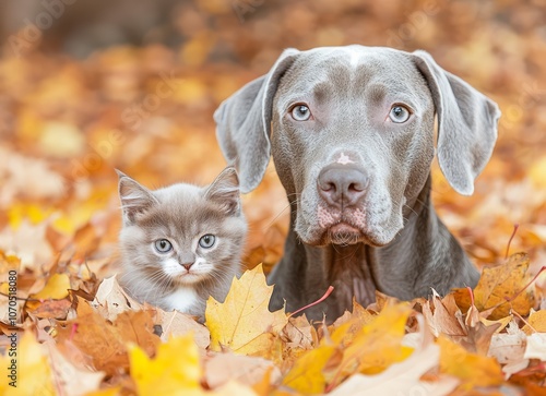 A playful kitten and a gentle dog posing together amidst colorful autumn leaves. photo