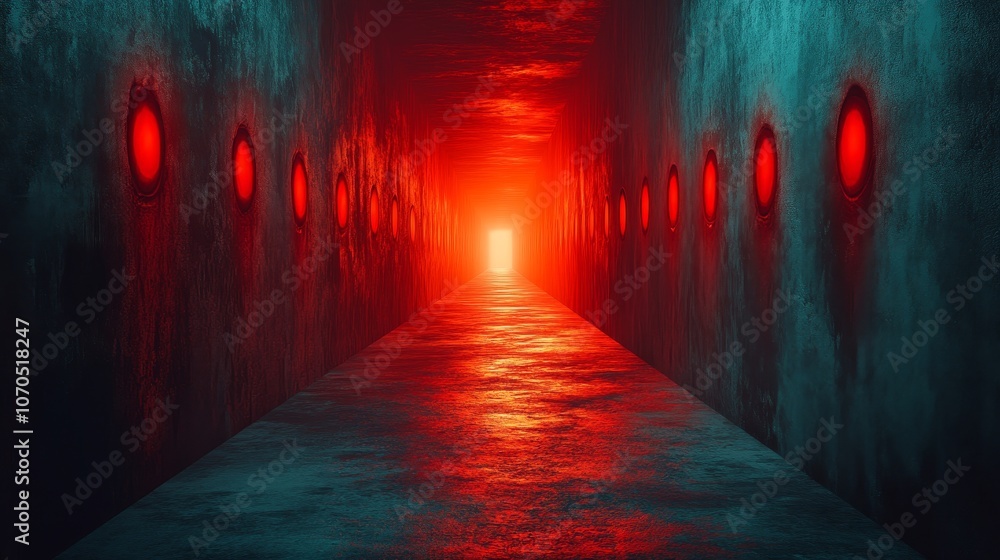 A long tunnel with red lights on the walls A long tunnel with red lights on the walls