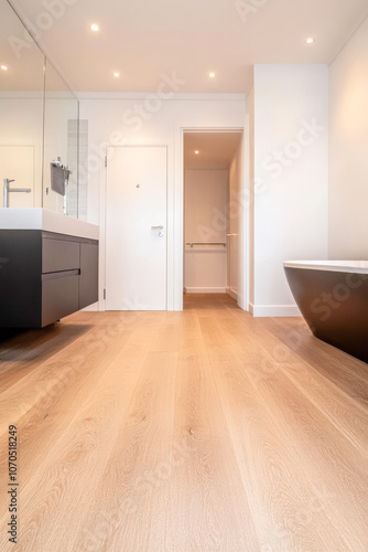 Modern bathroom with a bathtub and minimalistic design featuring warm wooden flooring