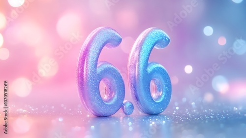 Glowing 3D "6.6" with glitter effect, centered on a pastel blue and pink gradient background, with soft sparkles