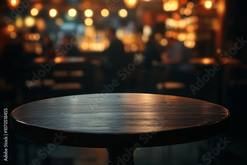 Empty wooden tabletop with a blurred background of coffee shop or restaurant. 