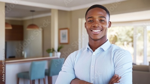 Cheerful Young African Contractor in Modern Interior