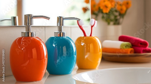 Colorful ceramic soap dispensers and toothbrush holders enhancing a bathroom sink area with vibrant hues, creating an inviting and cheerful atmosphere.