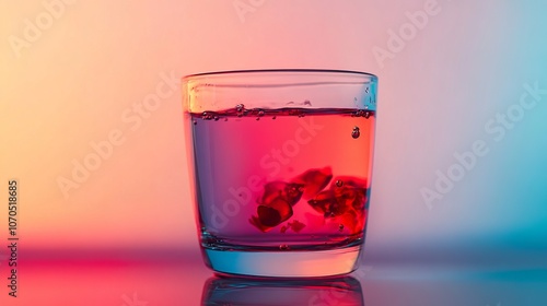 Red food coloring diffusing in water inside a glass, creating swirling patterns against a gradient background.