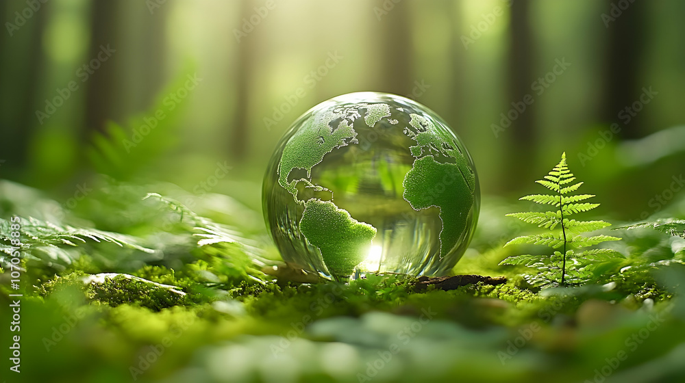 A Glass Globe Depicting the Earth Resting on Lush Green Moss with a Single Fern Plant Growing Nearby in a Forest Setting A Glass Globe Depicting the Earth Resting on Lush Green Moss with a Single Fern Plant Growing Nearby in a Forest Setting