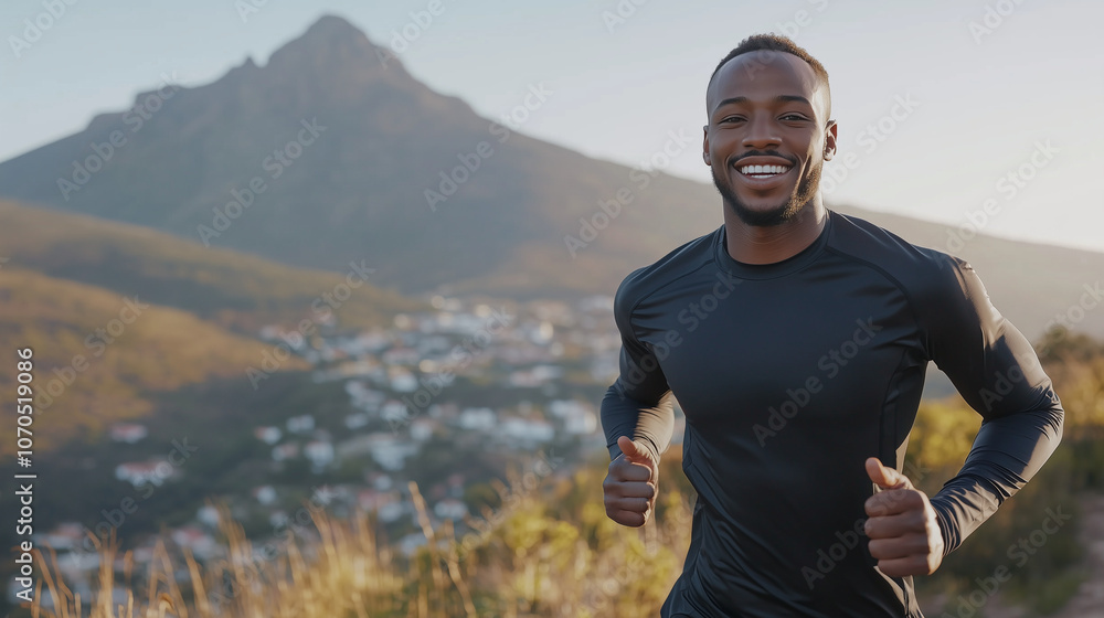 Smiling Athlete Jogging on Mountain Trail with Scenic Vistas Smiling Athlete Jogging on Mountain Trail with Scenic Vistas