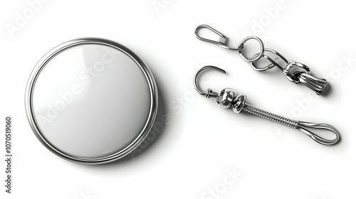 A Blank Circular Pin with a Metal Clasp Chain with a Hook for Attachment, White Background