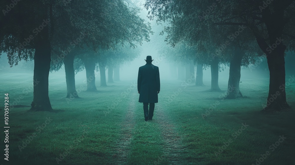 A man is walking through a forest in the rain A man is walking through a forest in the rain