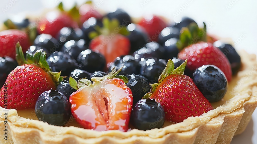Close-up of a delicious fruit tart with strawberries and blueberries. Close-up of a delicious fruit tart with strawberries and blueberries.