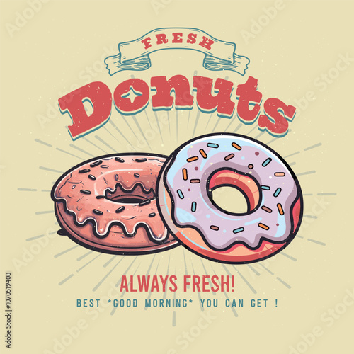 Cute sweet donut design for t shirt. Crispy and delicious fast food artwork. Always fresh and hot. Weekend mood. Vector illustration design for fashion graphics, prints,t-shirts, poster, holiday card