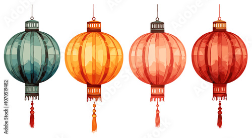 Four colorful Chinese paper lanterns on isolated transparent background