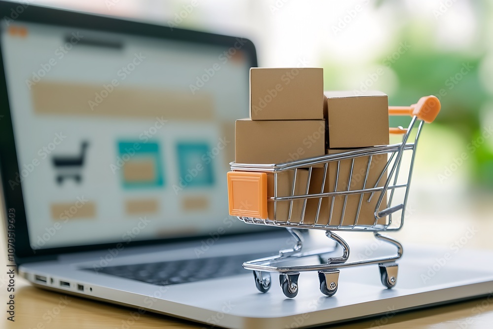 Laptop with shopping cart and boxes symbolizing digital commerce and online marketplace evolution : Generative AI Laptop with shopping cart and boxes symbolizing digital commerce and online marketplace evolution : Generative AI