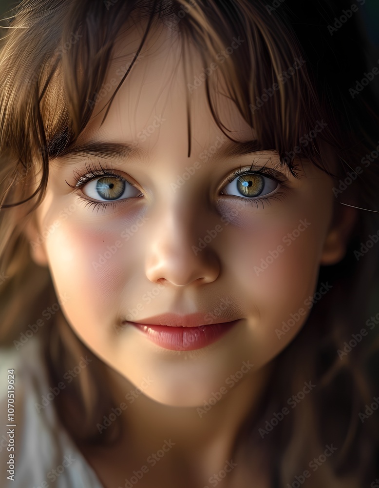 Portrait of a girl with big eyes and a sweet smile, close-up, warm soft light Portrait of a girl with big eyes and a sweet smile, close-up, warm soft light
