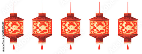 Carton Red Chinese style lanterns over white transparent background