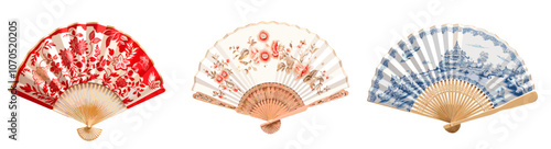 Three colorful traditional Chinese fans on isolated transparent background