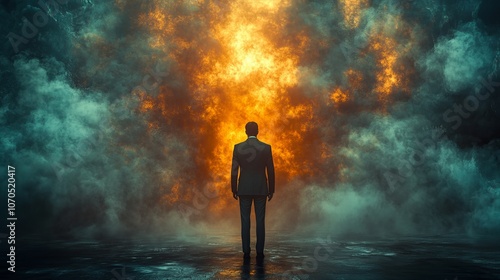 A man stands in front of a huge explosion, looking up at the sky