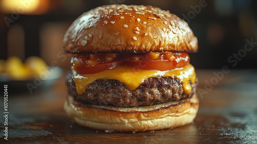 A product shot of a tall slider burger on a 50 s kitchen table photo