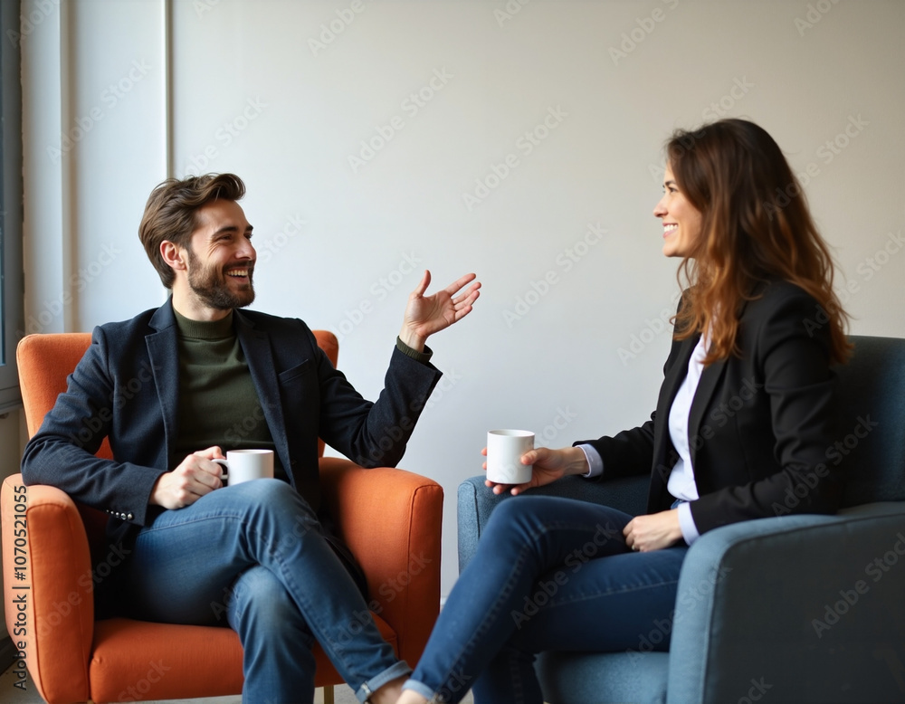 Business colleagues having a casual conversation while sitting in armchairs. Business colleagues having a casual conversation while sitting in armchairs.
