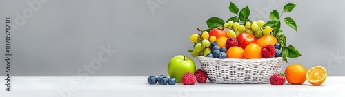 A vibrant assortment of fresh fruits in a decorative basket, perfect for health and nutrition-themed projects.