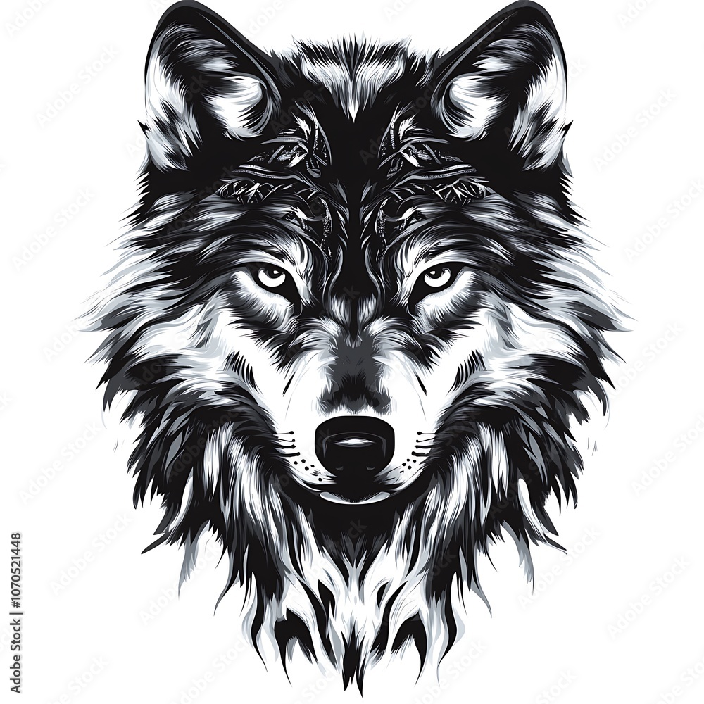 Fototapeta premium Close-up portrait of a wolf's face in black and white.