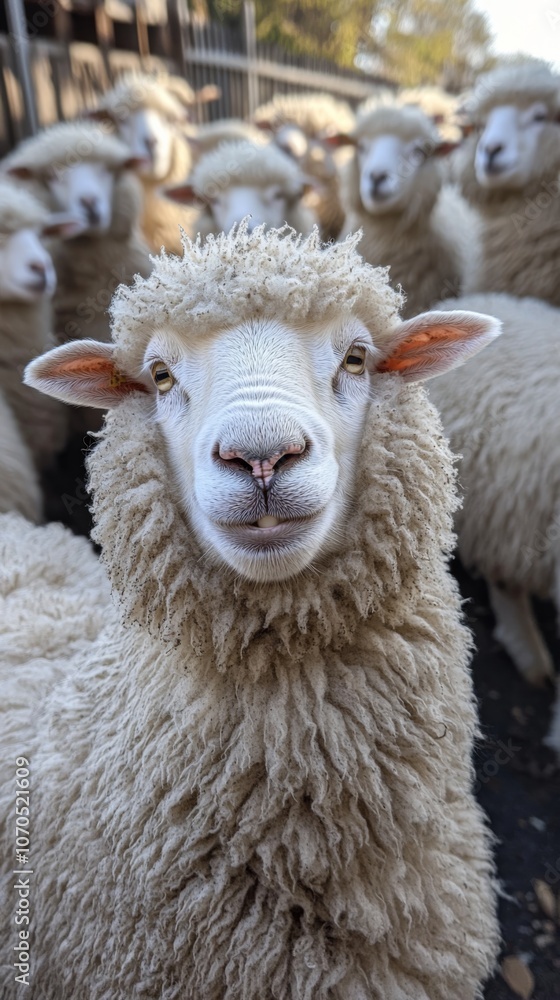 A sheep sitting inbetween other sheeps looking happy and smiling showing teeths towards the camera A sheep sitting inbetween other sheeps looking happy and smiling showing teeths towards the camera