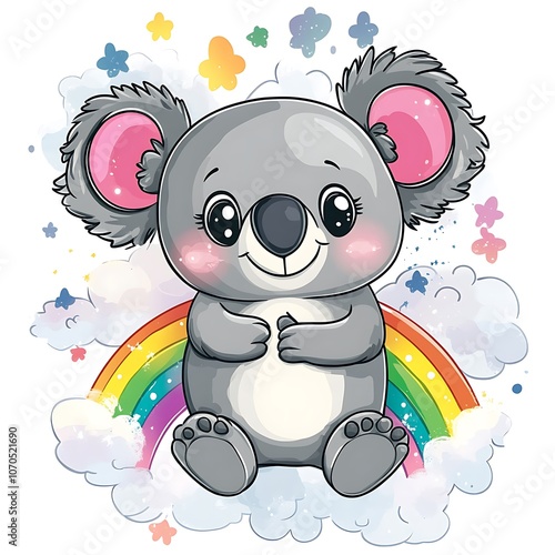 Cute cartoon koala sitting on a rainbow. photo