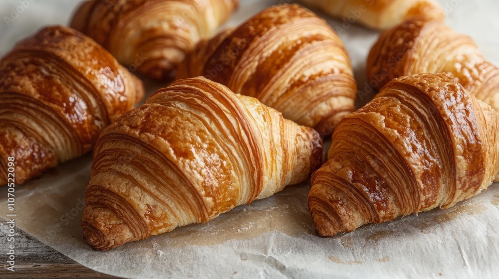 Six golden brown croissants on parchment paper. Six golden brown croissants on parchment paper.