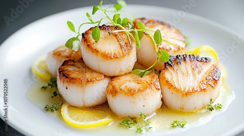 Pan-seared scallops with lemon slices and herbs.