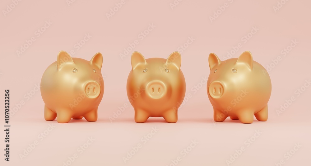 Set of golden pig figurines. 3D rendering on a pink background. Minimalistic design.
Set of golden pig figurines. 3D rendering on a pink background. Minimalistic design.