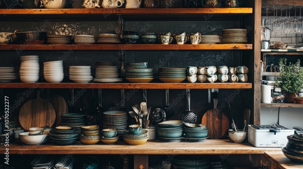 Charming Open Kitchen Shelving, showcasing neatly arranged dinnerware, decorative accents, creating a warm and inviting atmosphere in a stylish culinary space Charming Open Kitchen Shelving, showcasing neatly arranged dinnerware, decorative accents, creating a warm and inviting atmosphere in a stylish culinary space