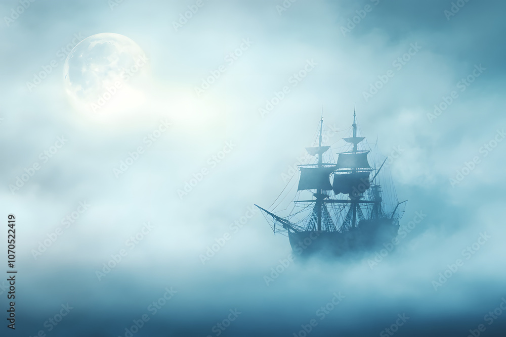 Obraz premium Ghostly Pirate Ship Emerging from Fog under Moonlight white background