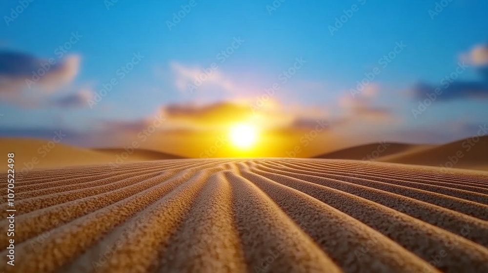 Desert Sunset Landscape with Golden Sand Dunes and Dramatic Sky Desert Sunset Landscape with Golden Sand Dunes and Dramatic Sky