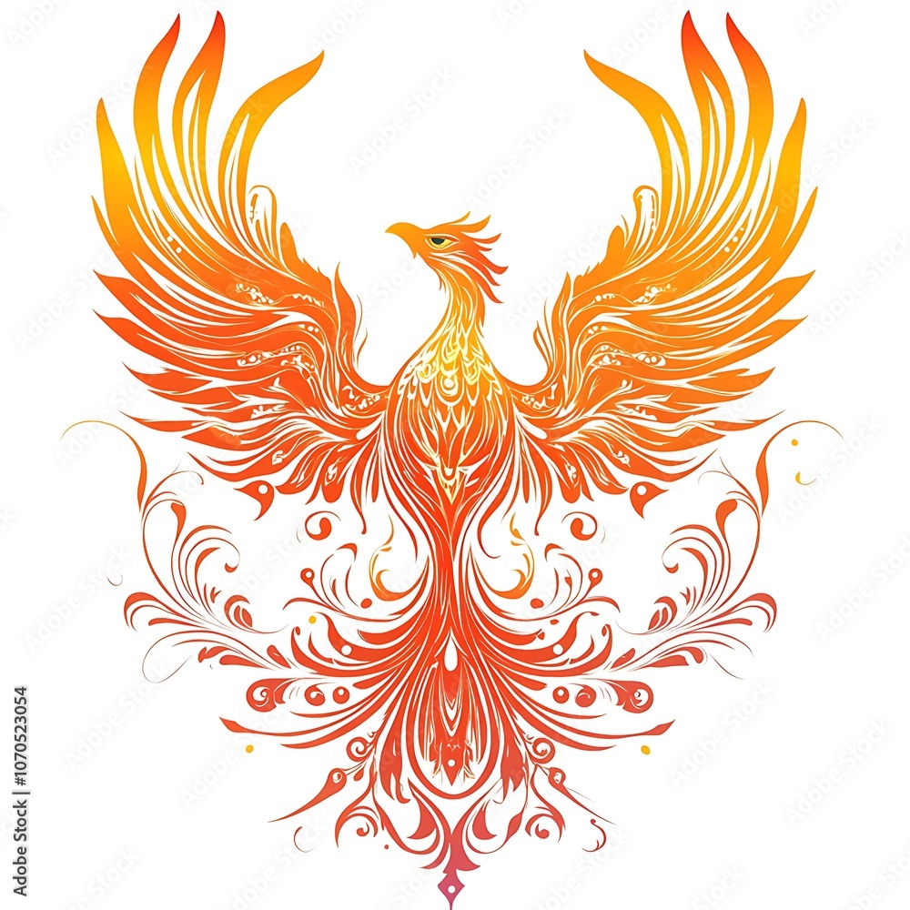 Fototapeta premium Orange and red phoenix with floral design.