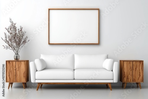 Modern minimalist living room with white sofa and wooden cabinets in bright space