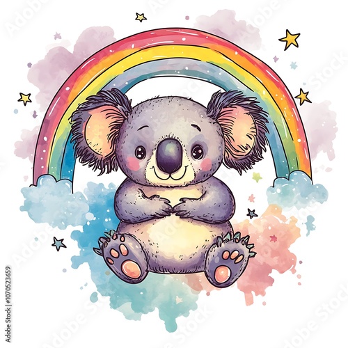 Cute koala sitting in front of a rainbow. photo