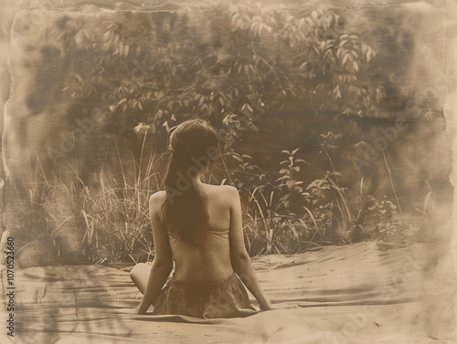 A woman is sitting on the floor with her back turned. The old sepia-toned image gives a mood of melancholy and sadness. photo