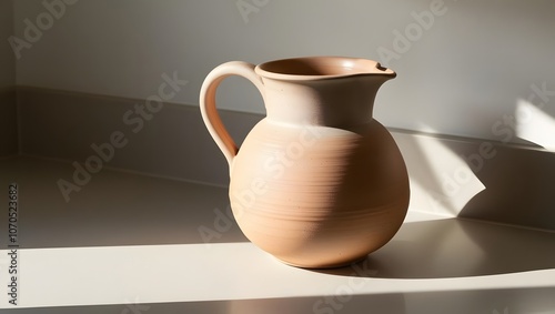 Ceramic Pitcher: A simple, vintage ceramic pitcher with a rounded handle, placed on a plain kitchen counter. 